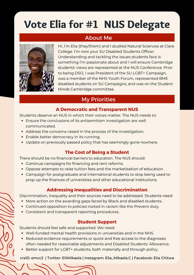 An image of the "vote Elia for number 1 NUS delegate" manifesto. There is a picture of Elia on the post. Elia is a Black person with short hair and glasses. The image text is on the page